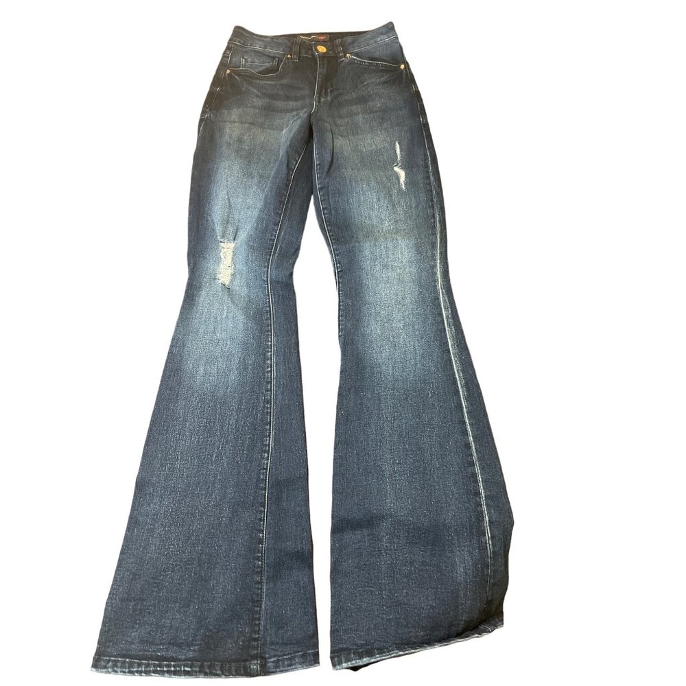 YMI Distressed Flare Leg Jeans Dark Wash No Size Tag See Measurements